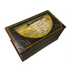 Victorian painted pine Captain's chest or coffer, the rectangular hinged top decorated with central British sailing ship and inscribed 'VR 1880 Wellington', the front with painted rope design and 'R Ball Sailmaker', raised on plinth base