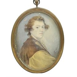 F Cassier - miniature oval portrait of the artist Joshua Reynolds, signed, label verso 9cm x 7cm