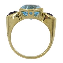 9ct gold three stone oval blue topaz and trillion cut amethyst ring, hallmarked