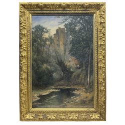 Robert Frier (Scottish 1855-1912): Rocky Brook and Figure before Castle, watercolour signed, housed in ornate gilt foliate moulded frame 63cm x 42cm