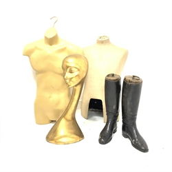 Early 20th century dressmakers torso/ mannequin, shop display mannequin, millinery haberdashery mannequin head and a pair of black leather riding boots with trees