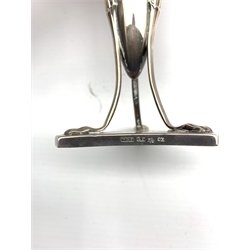 WMF silver-plated twin handled posy vase of urn form, raised on three paw feet, H22cm together with a similar Art Nouveau WMF style silver-plated vase, lacking liner (2) 