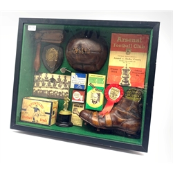Montage of football items including Arsenal programme 1950, wooden rattle, whistle etc in a glazed case, 60cm x 50cm 