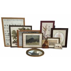 Two Japanese silk decorative wall hangings, together with several framed prints and a gilt framed wall mirror (10)