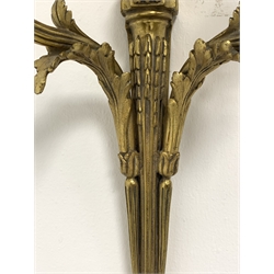 Pair late 20th Century gilt metal wall sconces, ruffled ribbon pediment on tapering husk stop fluted stem, two out splayed and serpentine acanthus cast and reeded branches, H55cm x D17cm x W28cm
