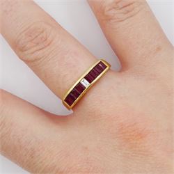 18ct gold channel set rectangular cut ruby and baguette cut diamond half eternity ring, stamped