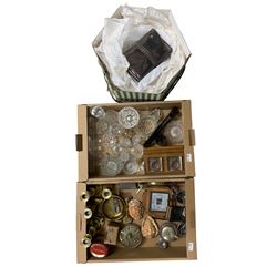 19th century brass candlesticks, two conch shells, glassware, Art Deco oak cased barometer, Jane Shilton bag, hats etc in two boxes