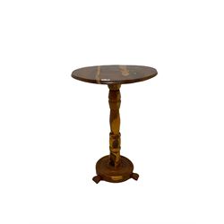 Yew wood pedestal table, circular figured top