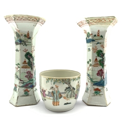 Chinese Republic porcelain cup decorated with figures in garden, red seal to base H7.5cm and a pair of 18th century Chinese famille verte hexagonal vases (a/f) (3)