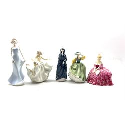 Four Royal Doulton figures: Masque HN2554, Buttercup HN2309, Sweet Seventeen HN2734 and Victoria HN2471 and a Coalport figure Philippa (5)