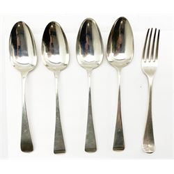 Three George III silver table spoons London 1802 Maker Urquhart and Hart,  another London1776 and a table fork London 1803 9.3oz 
