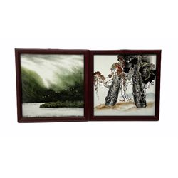Pair of Chinese porcelain plaques hand painted with a mountainous landscape and forest setting, each signed, 43cm x 44cm (2)