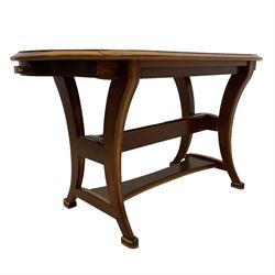 20th century plum pudding mahogany and oak centre table, rectangular form with rounded corners, fitted with two end drawers, on shaped supports united by under tier 