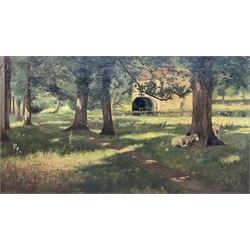 English School (Late 19th century): Sheep Resting in a Woodland Pasture, oil on canvas unsigned 26cm x 45cm