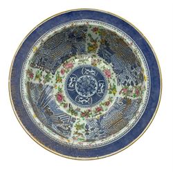 Large 18th century Chinese Export Canton Famille Rose bowl, painted in underglaze blue  and famille rose with insects, flowers and foliage (a/f), D42cm 