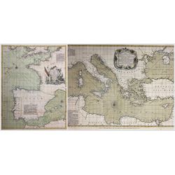 Thomas Kitchin (British 1719-1784): 'A Chart of the English Channel, the Bay of Biscay, with part of the Ocean and Mediterranean' and 'Chart of the Mediterranean and Adriatic Sea with the Archipelago and part of the Black Sea', two 18th century engraved maps with hand-colouring 45cm x 63cm (2) (unframed)