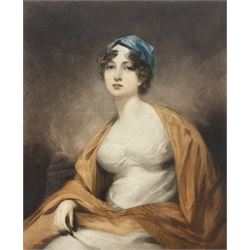 After Sir Henry Raeburn (British 1756-1823): Portrait of a Lady, coloured mezzotint blind stamped and indistinctly signed in pencil 34cm x 26cm