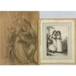 After Michelangelo: Madonna and Child, pencil and chalk unsigned, together with an engraving of two girls , max 38cm x 27cm (2)