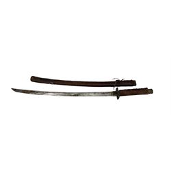 WWII Japanese Katana with copper tsuba, kid and leather bound grip and leather covered scabbard, blade length 69cm 