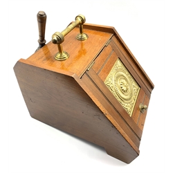 Edwardian oak coal box with hinged front, brass handle and front panel with shovel W31cm
