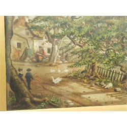 English Primitive School (19th/20th century): Figures Watching Geese in a Country Lane, oil on canvas signed with monogram MB, 50cm x 75cm