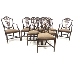Set eight (6+2) 19th century mahogany Hepplewhite style shield back dining chairs, with pierced splat, drop in upholstered seat pads, reeded and fluted arm terminals, raised on square tapered supports united by 'H' stretcher, W52cm