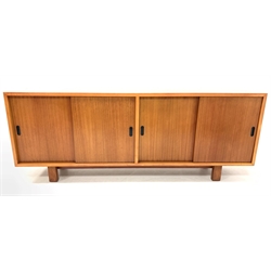 Mid 20th century retro teak Vintage sideboard in the style of Robin Day, with four sliding doors enclosing an adjustable shelf and two banks of four drawers, raised on square supports, W183cm, H70cm, D39cm
