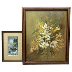 EN Battie (British 20th century): Still Life of Daffodils and Bouquet, oil on board signed 49cm x 39cm; Continental School (20th century): Boats in Mediterranean Harbour, oil on card indistinctly signed 20cm x 10cm (2)