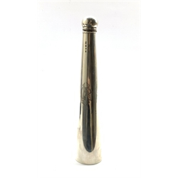 Victorian silver flask in the form of a hunting horn, the hinged cover with bayonet fitting and engraved with a monogram H24cm Birmingham 1892 Maker George Unite