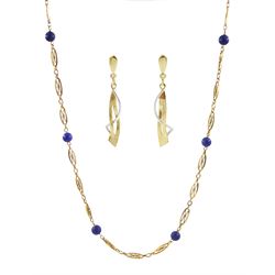 Pair of 9ct white and yellow gold pendant stud earrings, hallmarked and an 18ct gold blue bead necklace