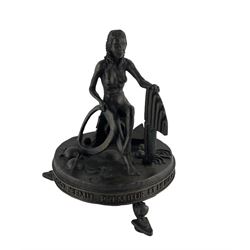 Tom Merren (20th Century)-Bronze sculpture depicting 'Newton's Third Law of Motion' with a seated female figure, signed and titled in Latin around the circular base H23cm