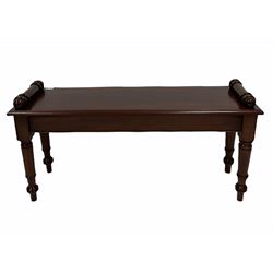 Victorian style mahogany window seat, with turned ends, raised on turned supports L107cm