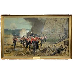 After James Prinsep Barnes Beadle (British 1863-1947): 'Siege of San Sebastian 31st August 1813, oil on canvas signed R Barnes, depicting 'Ensign Maguire of 4th Regiment of Foot leading the Forlorn Hope into the Great Reach shortly before he fell mortally wounded' 98cm x 165cm