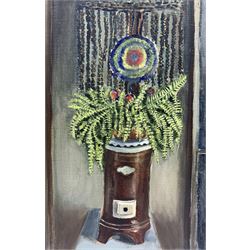 English School (20th century): Still Life of Potted Fern and Garden Scene, two oils on canvas unsigned max 45cm x 34cm (2)