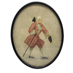 Silk embroidered oval picture of an 18th century gentleman in pink coat, framed 30cm x 23xm