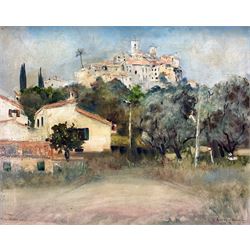Austen Hayes (British Contemporary): 'The Village of Biot Overlooking Antibes' South of France scene, oil on canvas signed and dated 1970, titled verso 44cm x 55cm