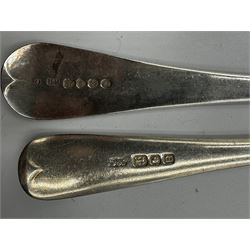 Pair of William IV silver table spoons engraved with initials London 1833 Maker Robert Hennell, another pair London 1937, two sifting spoons, three butter knives and other silver cutlery 16oz