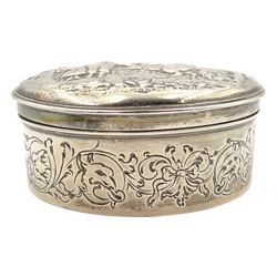 George III silver circular box and cover embossed with figures in a rural setting D8cm London 1814 Maker Phipps, Robinson and Phipps 4.7oz  Provenance: 3rd Earl of Feversham