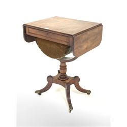 Early 19th century mahogany drop leaf work table, fitted with drawer opposite faux drawer and sliding storage well, raised on ring turned and lobe carved column, leading to four splayed and fluted supports and brass cup castors (W53cm, D41cm, H72cm)