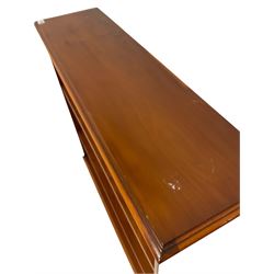 Figured yew open bookcase, the rectangular top with moulded edge over frieze with inlay over two adjustable shelves, raised on a plinth base W92cm, H92cm, D26cm