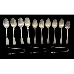 Five early 19th century silver teaspoons, various dates and later engraving, Four Victorian teaspoons, three pairs of silver sugar tongs 6.3oz