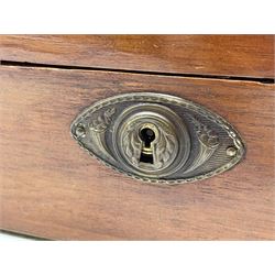 Victorian mahogany toilet box with velvet fitted interior, embossed brass escutcheon and white metal oval plaque engraved with the Bushby family crest and monogram, by Mechi, Leadenhall St, London L32cm 