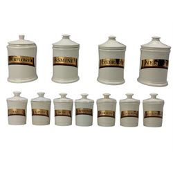 Eleven pottery spice jars, modelled as apothecary jars, with applied gilt labels, various makers, H21cm max (11)