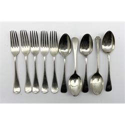 Five late Victorian silver table forks engraved with a monogram Sheffield 1896 Maker Cooper Bros. three silver dessert spoons Sheffield 1918/19 and two other dessert spoons 18.8oz 
