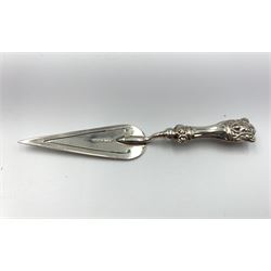 Edwardian silver sword shape bookmark with grey agate handle Birmingham 1902 by Crisford & Norris, a trowel shape bookmark by the same maker marked 'Silver', another Birmingham 1923 by Adie & Lovekin, another by the same maker with mother of pearl handle Birmingham 1923, and another Birmingham 1908 (5)