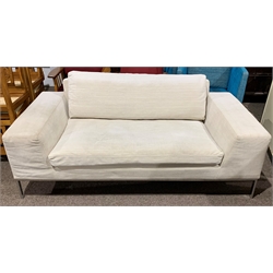 Sits - Contemporary two seat sofa, upholstered in natural linen, raised on square chrome supports, W180cm, H60cm, D89cm