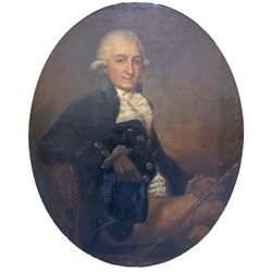 English School (18th century): Portrait of 'Sir Francis Wood Bt.' Seated Three Quarter Length with Blue Top Coat and Fawn Breeches, oil on canvas unsigned inscribed 'Francis Wood' and dated 1784, housed in gilt oval frame with laurel motif 96cm x 76cm
Provenance: property of a Nobleman 