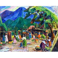 Attrib. Dana Bashon (Jamaican 20th century): Linstead Market in Kingston Jamaica, acrylic impressionist market scene on board 60cm x 75cm