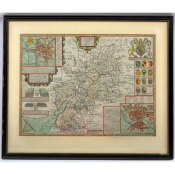 After John Speed (British 1552-1629): map of Gloucestershire, hand-coloured map with  inset plans of Gloucester and Bristol and numerous armorials 51cm x 38cm