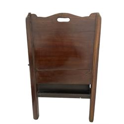 George III mahogany converted night commode, shaped tray top with pierced handles, fitted with fall-front cupboard disguised as tambour drawer, over fall-front cupboard with faux double drawer facia, on moulded square supports